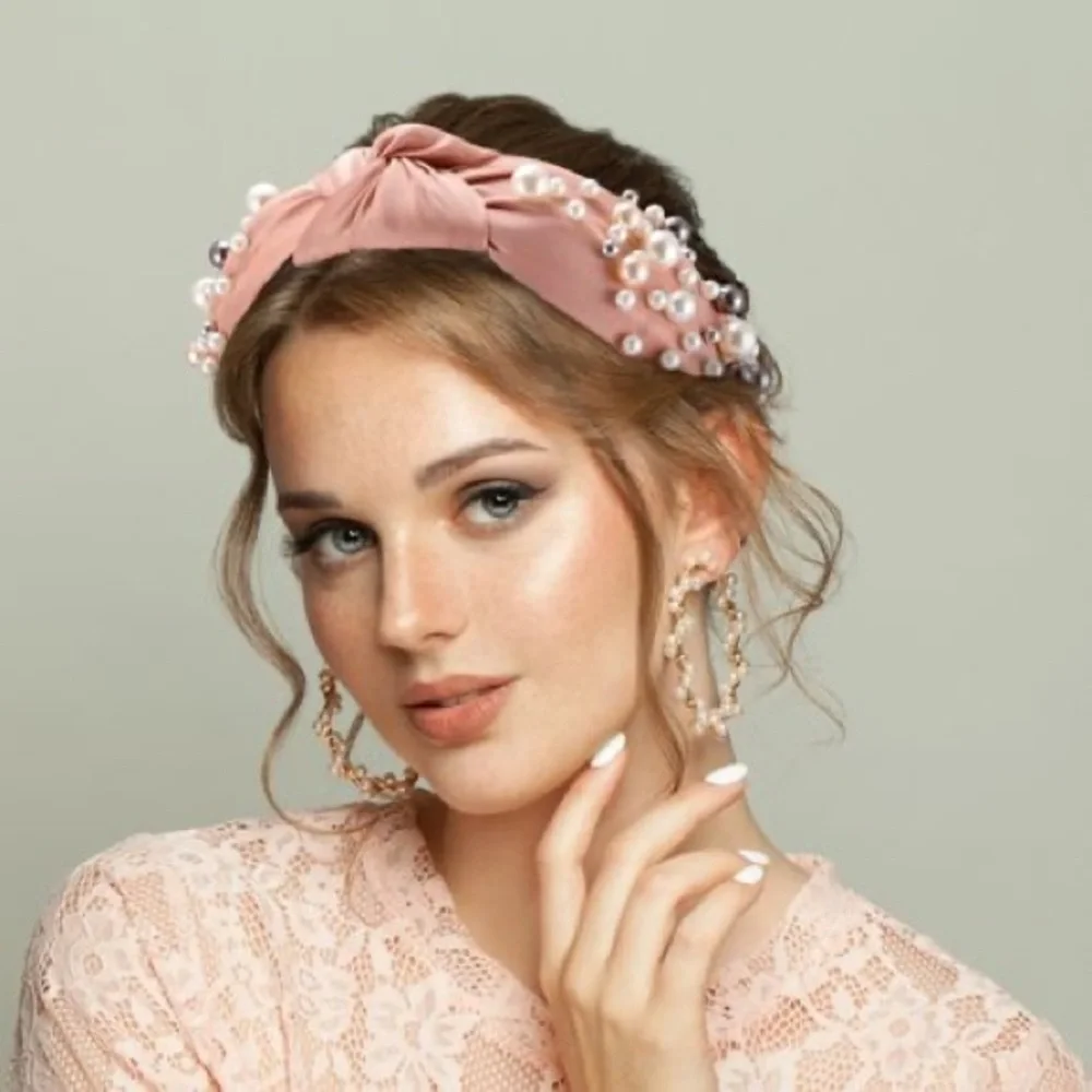 Pink Women's Fashion Wide Faux Pearl Bead Knotted Headband - New